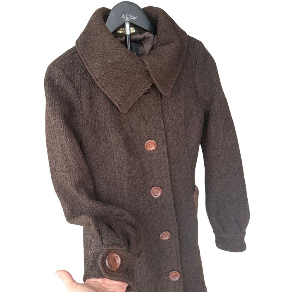 Mackage Womens Funnel Neck Wool Blend Coat Size S Brown Leather Trim Tailored